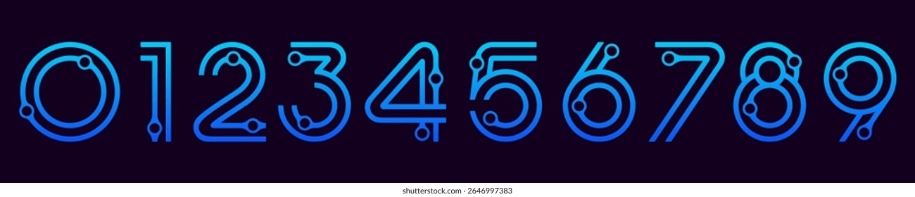 Ilustração do vetor do alfabeto do conjunto de números. Conjunto de números modernos de 0 a 9 com design de logotipo de elementos de tecnologia. Em cores azuis.