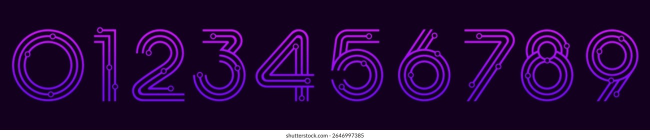 Ilustração do vetor do alfabeto do conjunto de números. Conjunto de números modernos de 0 a 9 com design de logotipo de elementos de tecnologia. Em cores roxas.