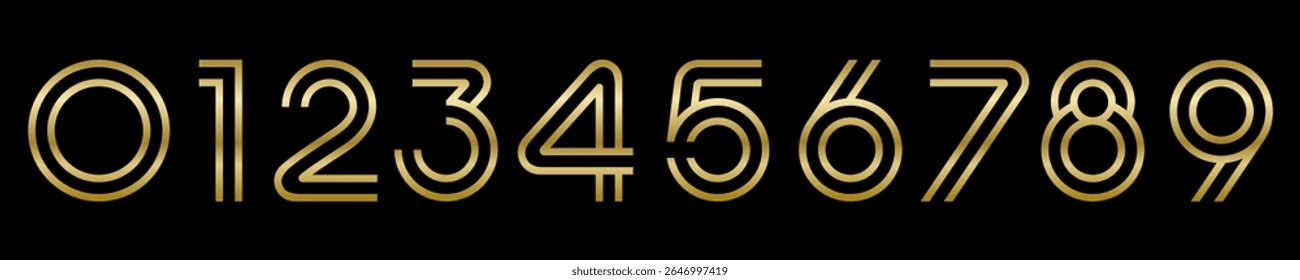 Ilustração do vetor do alfabeto do conjunto de números. Conjunto de designs modernos de logotipo de número 0 a 9. Na cor dourada.