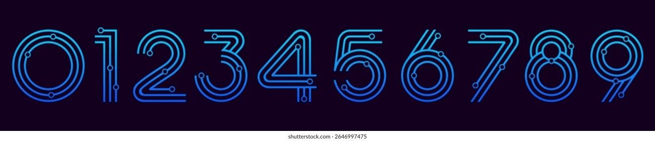 Ilustração do vetor do alfabeto do conjunto de números. Conjunto de números modernos de 0 a 9 com design de logotipo de elementos de tecnologia. Em cores azuis.