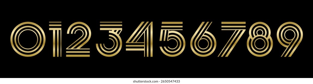 Number set font alphabet vector illustration. Set of modern number 0 to 9 logo designs. In gold color.