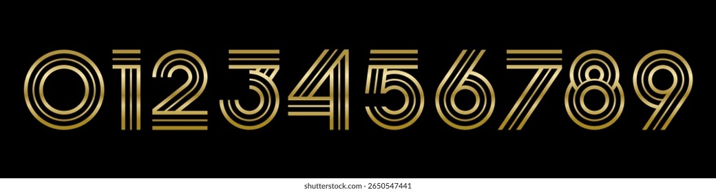 Number set font alphabet vector illustration. Set of modern number 0 to 9 logo designs. In gold color.
