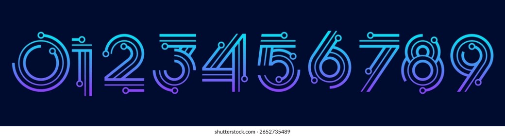 Number set font alphabet vector illustration. Set of modern numbers 0 to 9 with technology elements logo design. In purple blue colors.