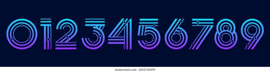 Number set font alphabet vector illustration. Set of modern numbers 0 to 9 with technology elements logo design. In purple blue colors.