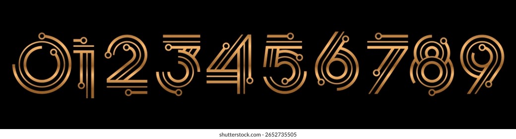 Number set font alphabet vector illustration. Set of modern numbers 0 to 9 with technology elements logo design. In bronze colors.