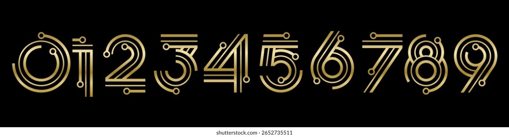 Number set font alphabet vector illustration. Set of modern numbers 0 to 9 with technology elements logo design. In gold colors