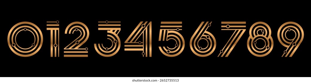 Number set font alphabet vector illustration. Set of modern numbers 0 to 9 with technology elements logo design. In bronze colors.