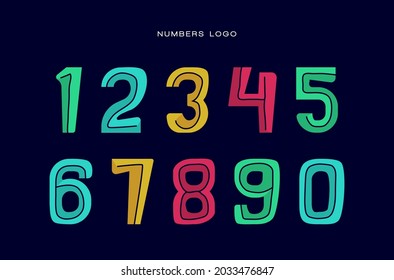 Number set of funny logo designs. Holiday numbers collection. Festival, cartoon, party, summer