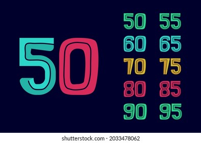 Number set of funny logo designs. Holiday numbers collection. Festival, cartoon, party, summer. 50-95