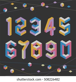 Number set. Geometric abc. Trendy type. Mathematics symbols. Isometric vector illustration. 3d figures. Digital characters.