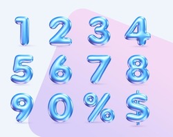 Number Set. Set Of Isolated Numbers. Metallic Letter. Number Balloons. Foil Symbol. Blue Metallic 3D, Realistic Vector Illustration. 