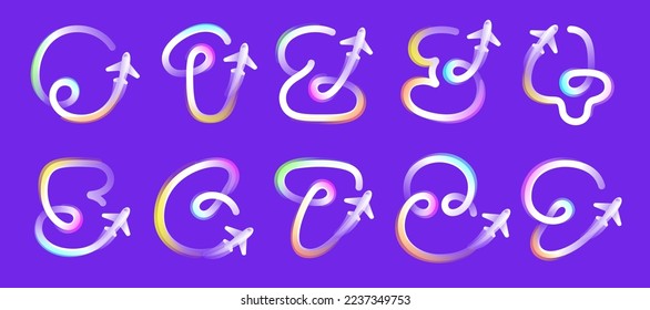 Number set made of one gradient line with plane icon and rainbow shine. Overlapping multicolor emblems. Ideal for colorful travel app logo, delivery design, aviation advertising, flight identity.
