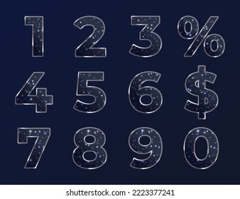 Number set made of shining stars. Numbers from 1 to 9. Dollar sign and percent sign. Numbers with stars and silver stroke. Astronomy numbers font vector illustration. Night background. Rich and metal