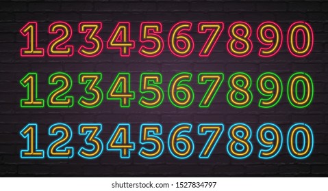 Number of Set Neon Light Glowing Vector Illustration with Dark Background