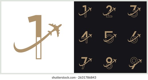 Number Set Plane Travel Logo Template Design Vector, line Design Concept, Creative Symbol, Icon