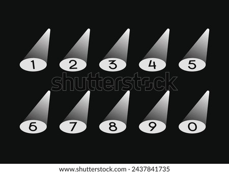 Number set in spotlight design. Latin alphabet numbers from 1 to 0. logo, poster, show flyer, vector print design