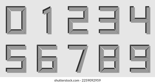 Number set vector alphabet font with shadow formed from trapezoids and parallelograms