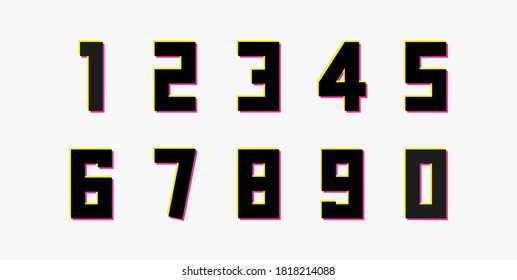 Number set vector desing, alphabet logo. Dynamic, split-color, shadow of  number pink and yellow on white background. For social media,design elements, creative poster, anniversary celebration etc.