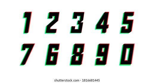 Number set, vector desing logo alphabet .Dynamic, split-color, shadow of  number red, green, blue in black frame on white background. 