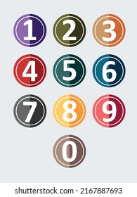 Number set vector font alphabet 1 to 0. Modern flat colorful trendy design in a circle shape. Suitable for web, print, logo, corporate identity, application, creative poster and more