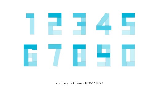 Number set vector logo, paper cut desing font made of blue color tones .Isolated on white background. Eps10 illustration