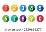 Number set from zero to nine on colorful circle with shadow. colorful circles and numbers. numbers symbols with long shadow. number digit vector icon with colorful circle. set of 1-9 numbers