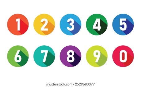 Number set from zero to nine on colorful circle with shadow. colorful circles and numbers. numbers symbols with long shadow. number digit vector icon with colorful circle. set of 1-9 numbers