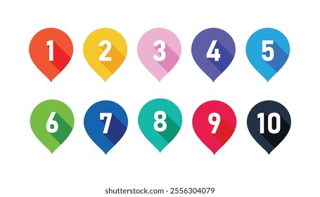 Number set from zero to nine on colorful circle with shadow. colorful circles and numbers. set of 1-9 numbers. numbers symbols with long shadow. number digit vector icon with colorful circle