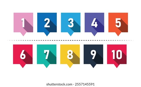 Number set from zero to nine on colorful box with shadow. colorful square box and numbers. numbers symbols with long shadow. set of 1-9 numbers. number digit vector icon with colorful circle