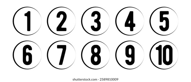 Number set from zero to nine on colorful circle with shadow. colorful circles and numbers. numbers symbols with long shadow. number digit vector icon with colorful circle. set of 1-9 numbers in eps10.