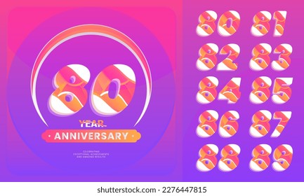 Número fijado para la celebración de los 80-89 años.  estilo de logotipo con color violeta de escritura a mano para eventos de celebración, boda, tarjeta de saludo e invitación.