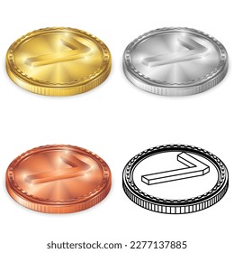 Number Seven (7) 2.5D Isometric Projection Left View Number Symbol Round Coin Gold, Silver, Copper, Black-White Silhouette Logo Icon Isolated on White Background