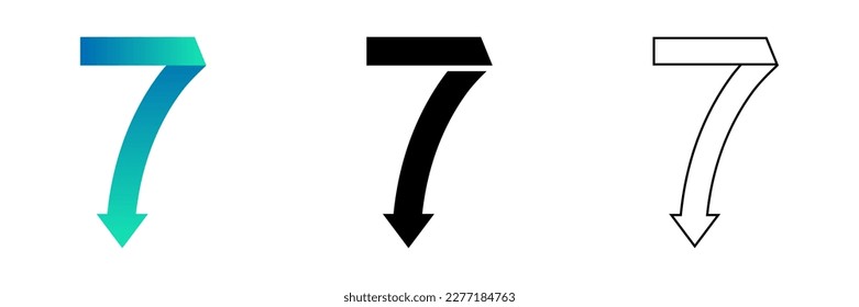 Number Seven (7) Folded Ribbon End Arrowhead Design Gradient, Black, Line Art Logo Icon Isolated on White Background