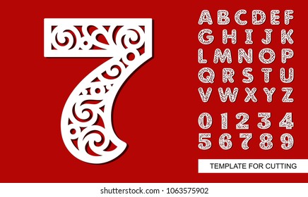 Number Seven - 7. Full English Alphabet And Digits 0, 1, 2, 3, 4, 5, 6, 7, 8, 9. Lace Letters And Numbers. Template For Laser Cutting, Wood Carving, Paper Cut And Printing. Vector Illustration.