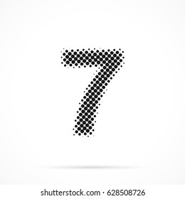 Number Seven, 7 in halftone. Dotted illustration isolated on a white background.
Vector illustration.