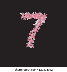 Number seven 7 made with flowers. Vector illustration. Eps 10. Black background. Date. Celebrate.