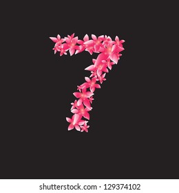 Number seven 7 made with flowers. Vector illustration. Eps 10. Black background. Date. Celebrate.