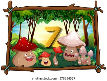 Number seven with 7 mushrooms in the forest illustration