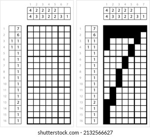 Number Seven 7 Nonogram Pixel Art, Mathematical, Numeral, Numeric, Word, Symbol Vector Art Illustration, Logic Puzzle Game Griddlers, Pic-A-Pix, Picture Paint By Numbers, Picross