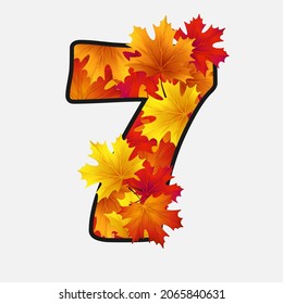 The number seven, 7 with red, yellow, orange maple leaves with black border isolated on white background. Vector Holiday illustration for postcard, banner, cards, web, design, advertising.