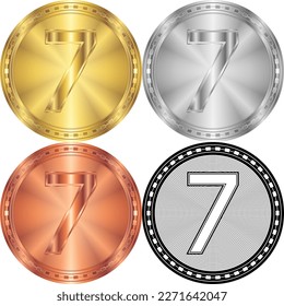 Número Siete (7) Símbolo Circular Moneda Dorada, Plata, Cobre, Blanco-Negro Icono de logotipo de silueta aislado en fondo blanco