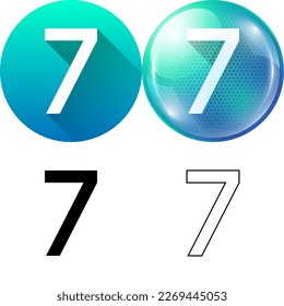 Number Seven (7) Symbol Icon Set of Circular Round Long Shadow, Bubble, Black-White Silhouette, Line Art Isolated on White Background