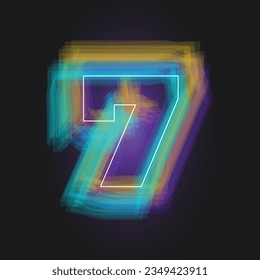 Number seven 7 with white frame and bright paint effect on dark background. Vector illustration