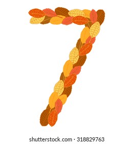 The number seven. Autumn leaves. Bright design. The colors of autumn. Vector illustration.