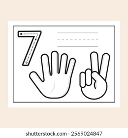 Number Seven. Black and White worksheet designed to help students learn and practice numbers. Activity made with cute and clean graphics ready to trace, color, write and improve finger counting