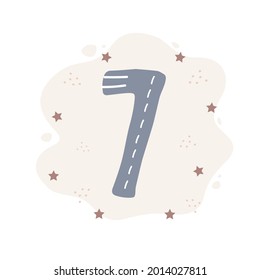 Number seven in boho style. Cute doodle element for birthday card template. Scandinavian vector illustration.
