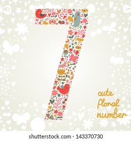 The number Seven. Bright floral element of colorful alphabet made from birds, flowers, petals, hearts and twigs. Summer floral ABC element in vector