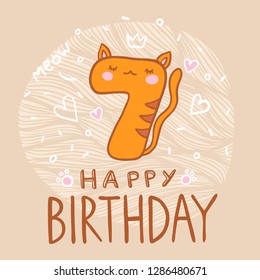 Number Seven with cartoon cat character vector illustration. Beautiful element for kids birthday party invitation, greeting card and cake toppers design.