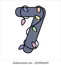Number Seven with Christmas Lights Winter Holidays New Year Party Element