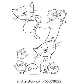 Number seven. Cute cartoon animals. Numbers and animals. Chicken and kitten. Funny figurines to paint. Vector doodle isolated on white background